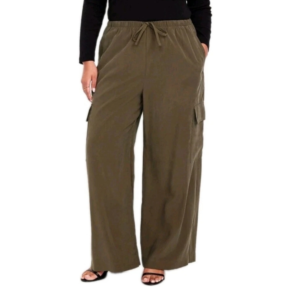 Old Navy Extra High Rise Wide Leg Pants Sz 2X Tall Green Drapey Chambray Travel